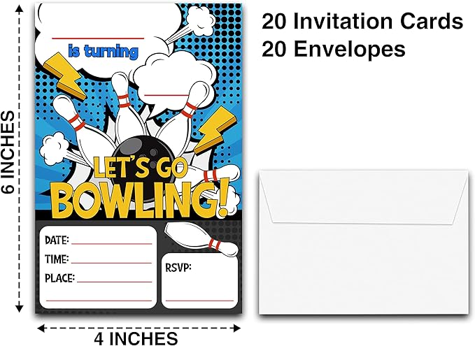DETIHO 4" x 6" Bowling Birthday Party Invitation Cards With Envelopes - Let's Go Bowling - Fill In Style Party Invitation - 20 Sets - E18