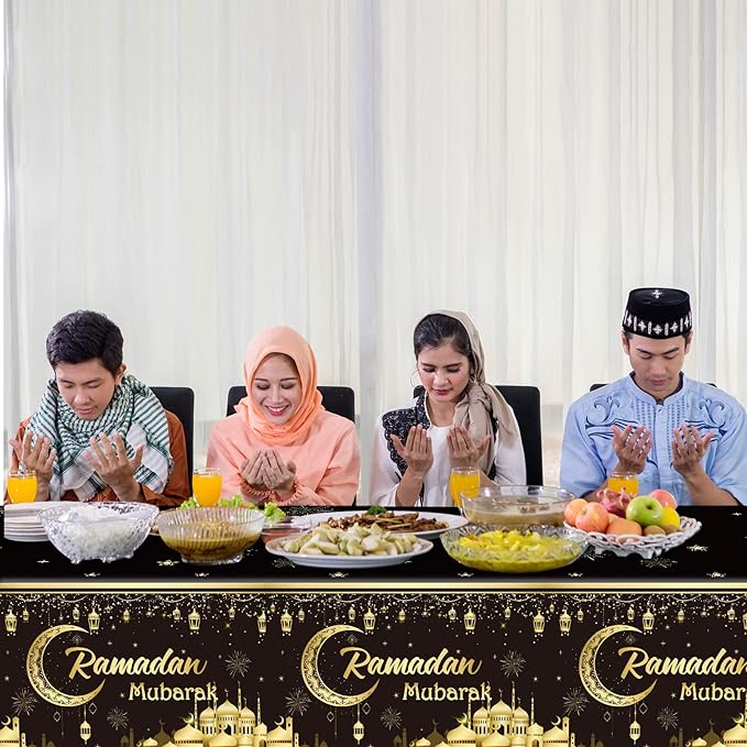 1PC Ramadan Mubarak Tablecloths Eid Mubarak Table Decorations Ramadan Kareem Party Supplies Black and Golden Rectangle Table Cover for Eid Al-fitr Party Favors