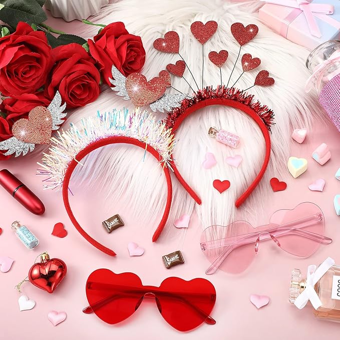 MTLEE 8 Pcs Valentines Day Heart Head Bopper Headband and Heart Sunglasses Bulk Valentines Photo Prop Galentines Party Favor