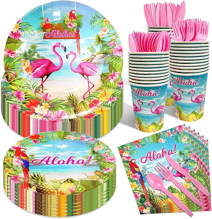 175 Pcs Aloha Tropical Flamingo Party Supplies Set - Serves 25, Hawaiian Luau Disposable Tableware, Includes Plates, Cups, Napkins, Forks, Spoons, Knives for Summer Beach Birthday Pool Decorations