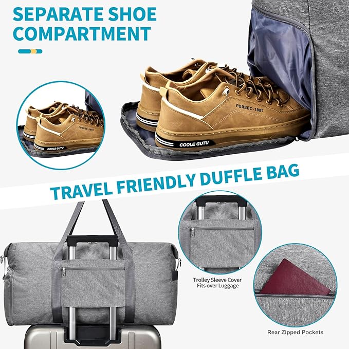 Carry on luaggage 22x14x9 Airlines Approved, Foldable Travel Duffel Bags Weekender Overnight Carry on Duffel Luggage Gym Duffle Bag with Wet Pocket & Shoe Compartment for Women Men(Grey, 40L)