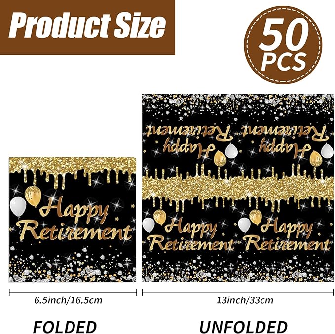50PCS Retirement Party Napkins, Happy Retirement Decorations Cocktail Napkins Black and Gold Teacher Retirement Party Supplies