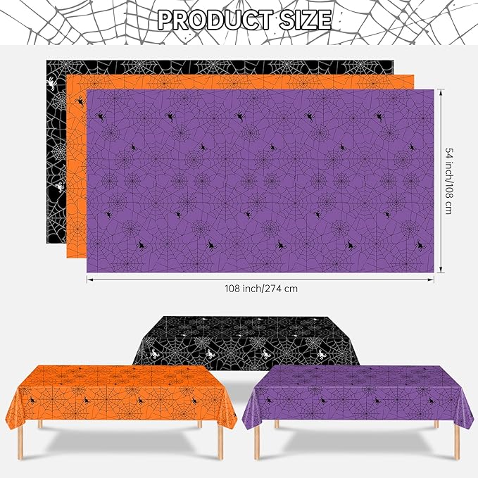 3 Pcs Halloween Tablecloth - Multicolor Spider Web Table Cloths, Disposable Rectangle Plastic Spiderweb Table Cover for Halloween Party Decorations Supplies Favors Tables Decor, 108 x 54 Inch