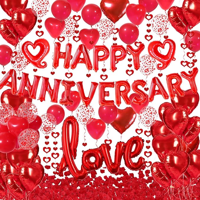 Happy Anniversary Decorations with Red Happy Anniversary Banner, Heart Balloons, Love Balloon, Silk Rose Petals and Heart Hanging Decor for Valentines Day, Wedding, Bridal Shower Decorations