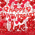 Happy Anniversary Decorations with Red Happy Anniversary Banner, Heart Balloons, Love Balloon, Silk Rose Petals and Heart Hanging Decor for Valentines Day, Wedding, Bridal Shower Decorations
