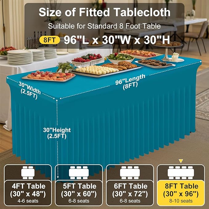 Smiry Spandex Tablecloth 2 Pack, Elastic Fitted Stretch Tablecloth for 8FT Rectangle Tables, Waterproof Washable Table Cover Skirt for Outdoor, Wedding, Banquet & Parties (Turquoise, 96Lx30Wx30H Inch)
