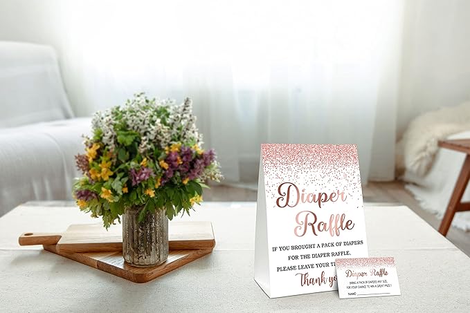 Diaper Raffle For Baby Shower, Pink Rose Gold Cards, 1 Sign & 50 Guess Cards Kit, Party Favors, Decorations, For Baby Shower Reveal Gender Game to Bring a Pack of Diapers - DIAPER-003
