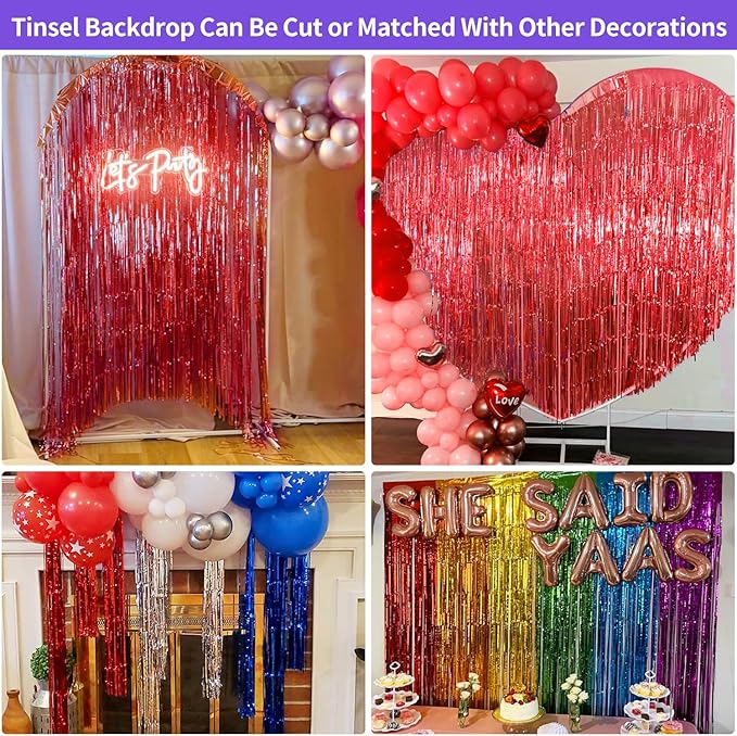 Valentines Day Decorations - Red Tinsel Backdrop Galentines Day Decorations 3.3x8.2ft, 2 Pack Foil Fringe Curtains Photo Booth Props for Birthday Party, Red Streamer Backdrop for Christmas