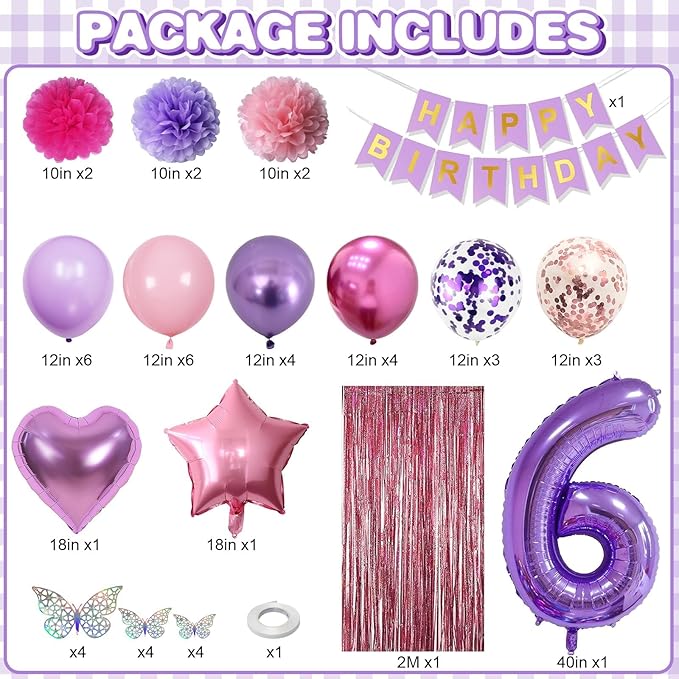 Pink Purple 6th Birthday Party Decorations for Girls Number 6 Balloon Happy Birthday Banner Butterfly Stickers Fringe Curtain Paper Pom Poms Metallic Hot Pink Star Foil Balloons 6 Year Old Princess