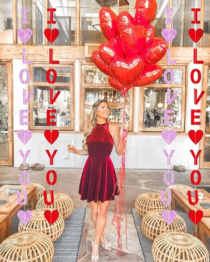 Glitter Red Pink Valentine Banner, 8 Strings Red I Love You Shiny Heart Banners Sign for Celebrate Valentine Party Wedding Ceremonies Holiday Party Decorations