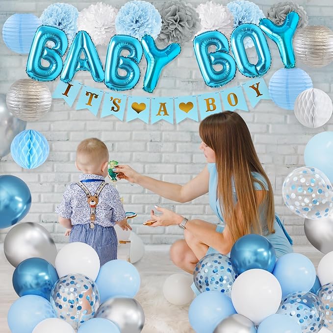 Ouddy Party Blue Baby Shower Decorations with Its a Boy Banner, Baby Boy Letter Metallic Blue Gray Silver Balloon Paper Pom Poms Honeycomb Ball for Baby Shower Gender Reveal Party Supplies