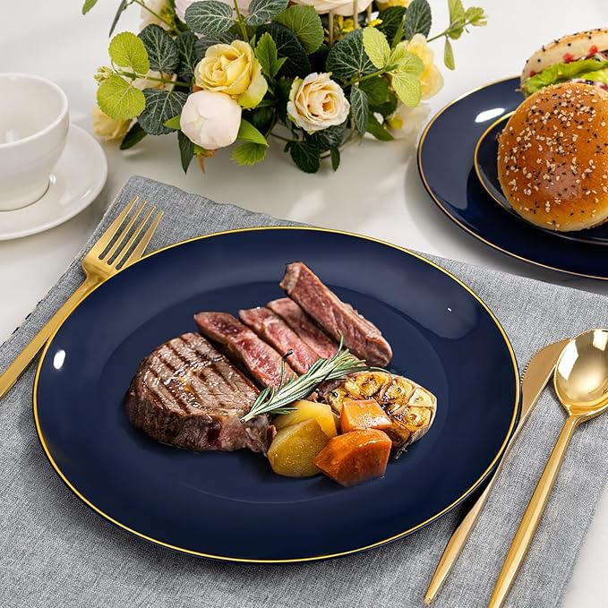 bUCLA 150PCS Blue and Gold Plastic Plates - 25 Guests Navy Blue Plastic Dinnerware Disposable for Party and Passover - Include 25 Dinner/Dessert Plates, 25 Knives, 25 Forks, 25 Spoons, 25 Cups