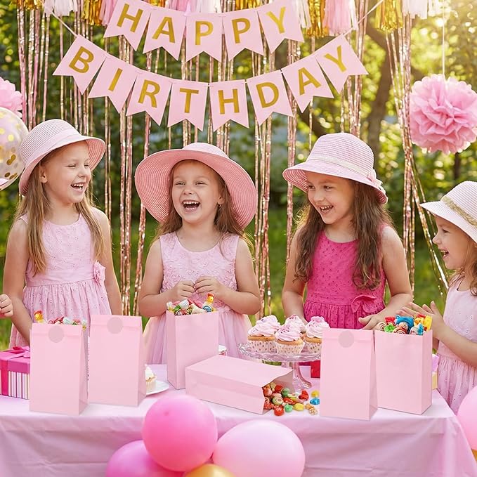 woric 36PCS Pink Paper Bags with Stickers, Small Pink Party Favor Bags for Girls Birthday Self Stand Easter Goodie Gift Bag for Kids Baby Shower Wedding