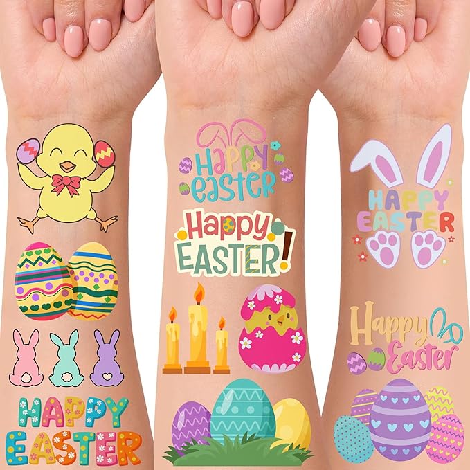 Easter Temporary Tattoos - Easter Party Decorations Stickers Easter Party Favors Accessories Supplies Eggs Hunt Bunny Basket Rabbit Suitable For Kids Teens Youth Adult Gift Idea 4 Sheets - 50Pcs