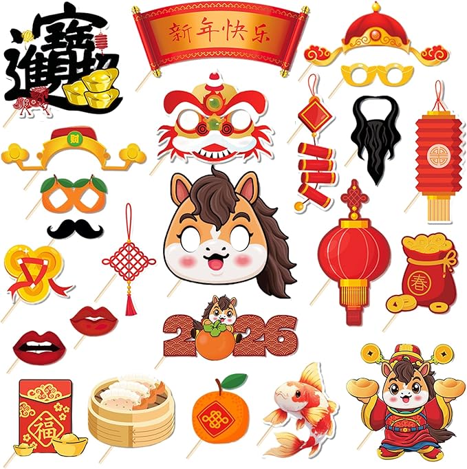 24PCS Chinese New Year Photo Booth Props,Chinese New Year Decoration 2026,Lunar New Year Decorations,Horse Year Paper Photo Props for Spring Festival Lunar New Year Present Game Party Supplies