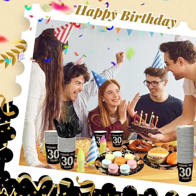 240 Pcs 30th Birthday Decorations 1996 Birthday Party Tableware Include Plates Napkins 9oz Cups Cutlery 30th Anniversary Party Supplies for Men Women Him Her, Serve 30 Guests (Black Gold)