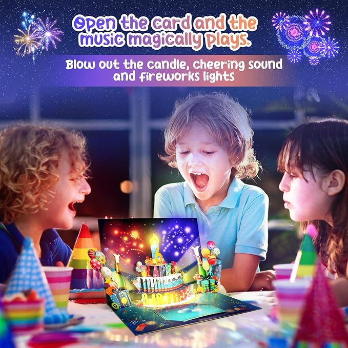 3D Musical Birthday Card with Blowable LED Light Candle, DIY 0-9 Numbers, Happy Birthday Pop Up Cards with Colorful Fireworks Lights, Happy Birthday Song & Exciting Cheering Sound, Impressive Musical