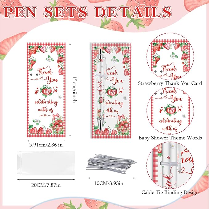 50 Pcs Strawberry Baby Shower Ballpoint Pens Favors Bulk,Baby Shower Gifts for Guest Prizes Neutral Gender Reveal Includes 50 Rolling Paper Pens and 50 Greeting Cards Souvenirs (Strawberry)