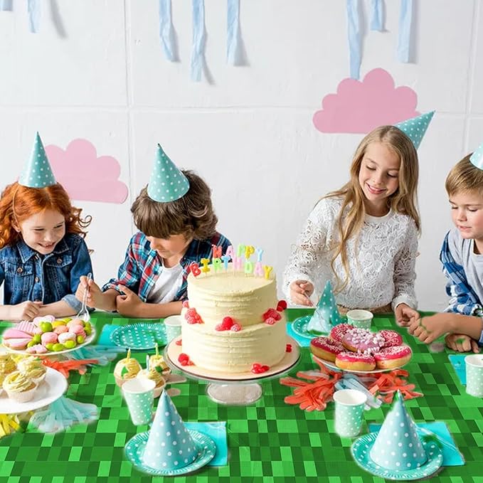 Pixel Miner Tablecloth 4 Packs, Green Plastic Table Cover Disposable Birthday Party Decoration, 54" x 108" Waterproof Tablecloths for Pixel Mining Gaming Themed Birthday Party Decoration Supplies