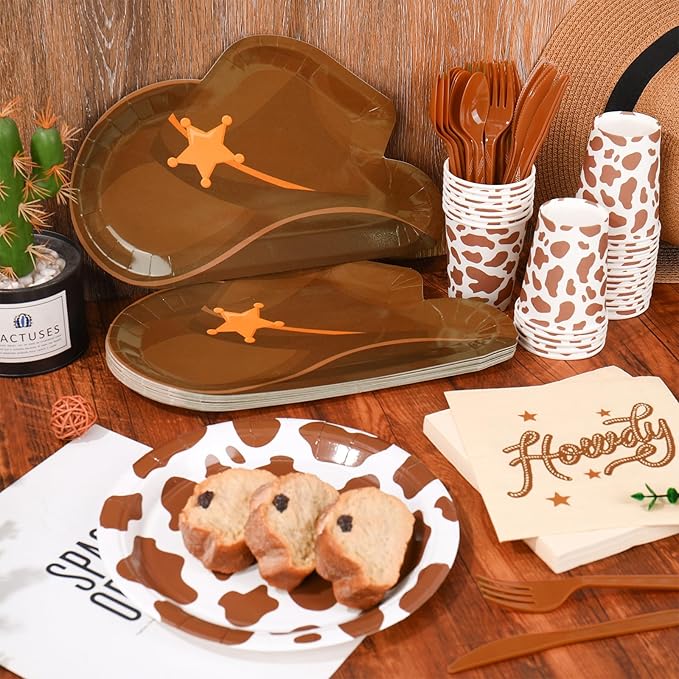 175 Pcs Cowboy Tableware Sets Serves 25 Guests Brown Rodeo Hat Cow Print Plates Napkins Cups Fork Knife Spoon Disposable Dinnerware for Western Birthday Cowgirl Party Supplies