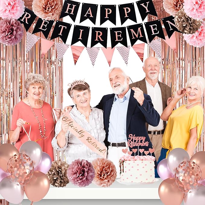 67 PCS Happy Retirement Party Decorations Rose Gold Women Banner Foil Balloons Cake Toppers Pompoms Retired Sash for Retirement Party (Rose Gold)