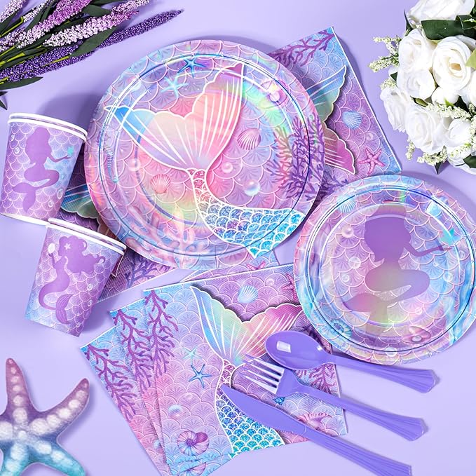 Purple Mermaid Party Tableware Supplies, 168PCS Mermaid Plates Napkins Cups and Purple Cutlery Set, 24 Set Mermaid Disposable Dinnerware Set for Birthday Party Decorations