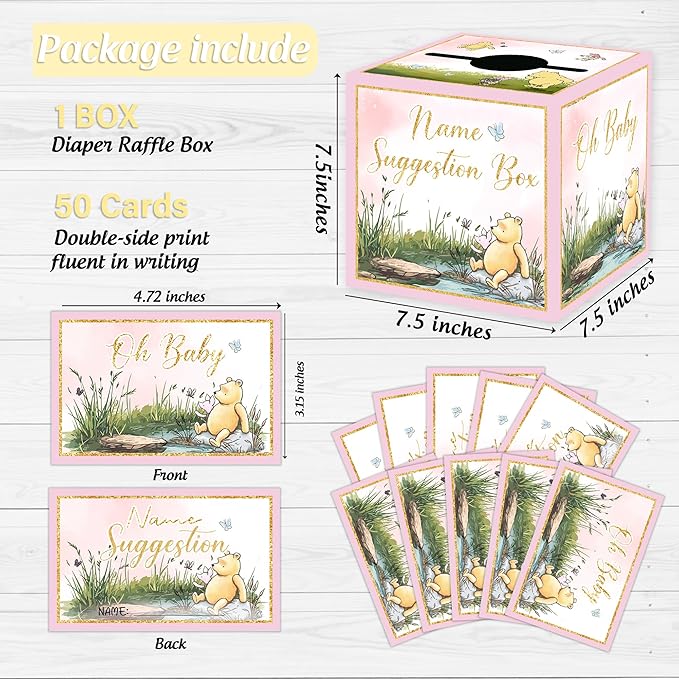 Winnie Baby Shower Decorations-The Pooh Baby Shower Games-Winnie Party Decorations-Baby Name Suggestion Cards with Box Name Suggestion Cards,Pink