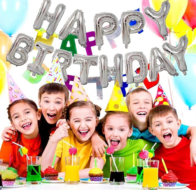 KALOR Silver Happy Birthday Balloons Banner, 16 Inch Mylar Foil Letters Balloon Sign for Birthday Party Decorations Photo Booth Backdrop