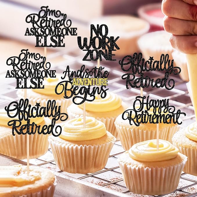 30 PCS Happy Retirement Cupcake Toppers Officially Retired No Work Zone Adventure Begins Cupcake Picks for Retirement Theme Farewell Birthday Party Cake Decorations Supplies Black