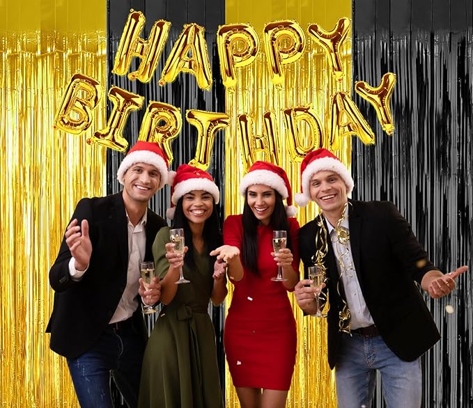 Gold Black Graduation Backdrops Curtains Party Decorations, Tinsel Streamers for Birthday Decorations, Photo Booth Props for Bridal Shower, Easter, 2Pack 3.28X6.56Ft