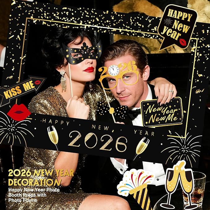 New Years Eve Party Supplies 2026, NYE Decorations Photo Booth Props Kit with Glitter Frame, Black Gold Funny Glasses & Mustache for Selfie (Pack of 17)