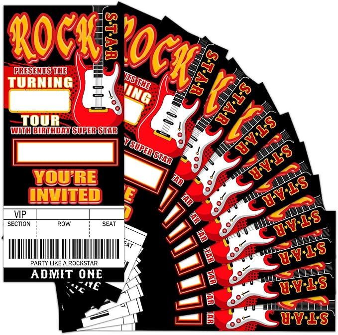 Rockstar Birthday Invitation Ticket, Rock Star Birthday Invitation for Teen Adult, 20 Pop Star Ticket With Envelopes, 3.5 x 8" Double-Sided Fill In Birthday Party Personalized Invites Cards - Red