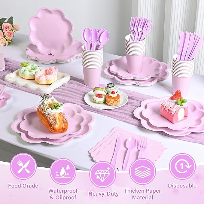 350 Pcs Lavender Paper Plates and Napkins Set, Tableware Set for 50 Guests Include Disposable Purple Scalloped Plates, Napkins, Cups, Knives, Fork & Spoon for Easter Party Baby Shower Wedding