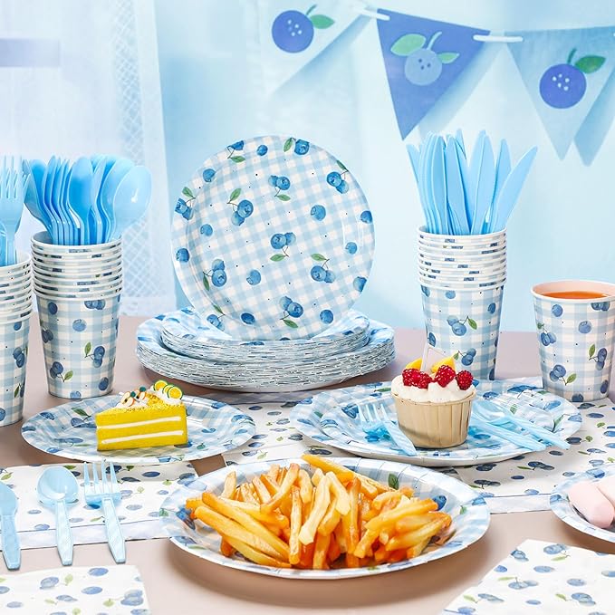 Honeydak 210 Pcs Blueberry Party Supplies for 30 Guests, Includes Plates, Cups, Napkins, Cutlery - Blueberry Checked Birthday Tableware Decorations for 1st Birthday, Summer Fruit Party