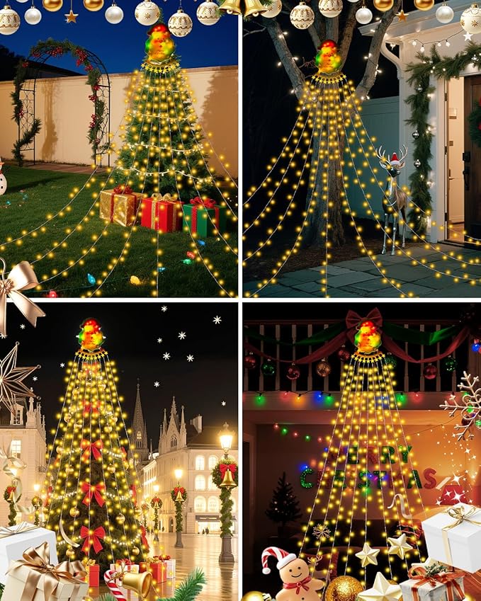 Christmas Waterfall Outdoor String Lights, Christmas Tree Lights with Topper 335 LED 11.48ft 9 Strands, 8 Lighting Modes Holiday New Year Decoration Lights for Wedding Yard Party Home Indoor Decor