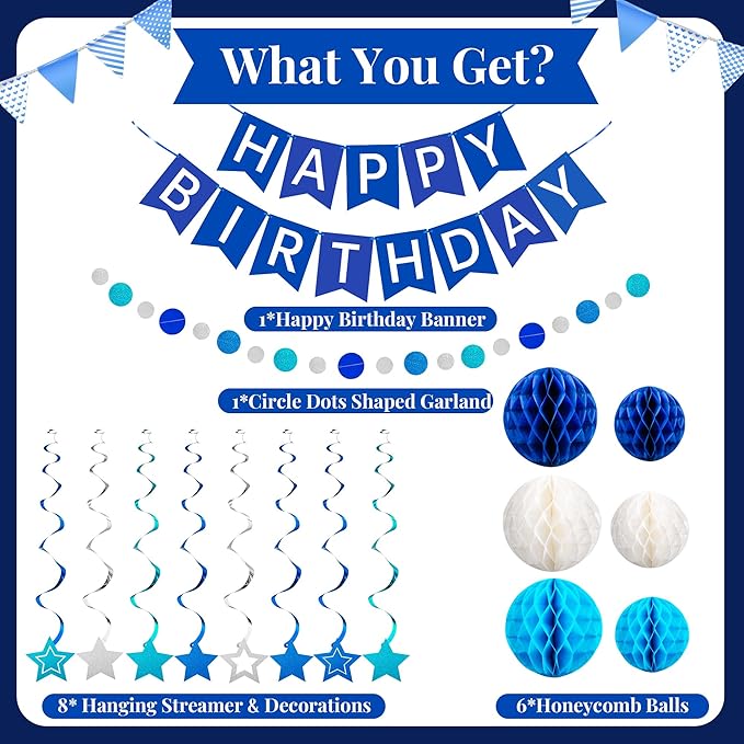Happy Birthday Decorations Happy Banner with Honeycomb Balls, Swirls Set Happy Decorations Sign for Men Women Boys Girls Birthday Party Supplies Kit for Indoor Outdoor