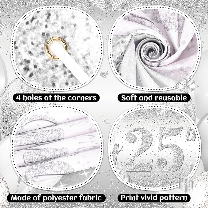Silver 25th Wedding Anniversary Decorations for Men Women Silver Happy 25th Anniversary Banner and 18Pcs Balloons for 25 Years Wedding Party Decoration Supplies