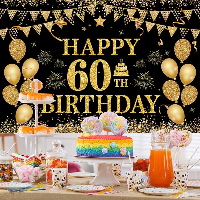 60th Birthday Banner - Black & Gold - 71 x 45 Inch - Happy 60th Birthday Decor