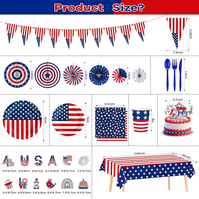 4th/Fourth of July Patriotic Decorations Set Stars and Stripes Old Glory Banner American Flag Hanging Paper Fans Cake Toppers Plates Tableware Tablecloth for USA Independence Day Party Decor Supplies