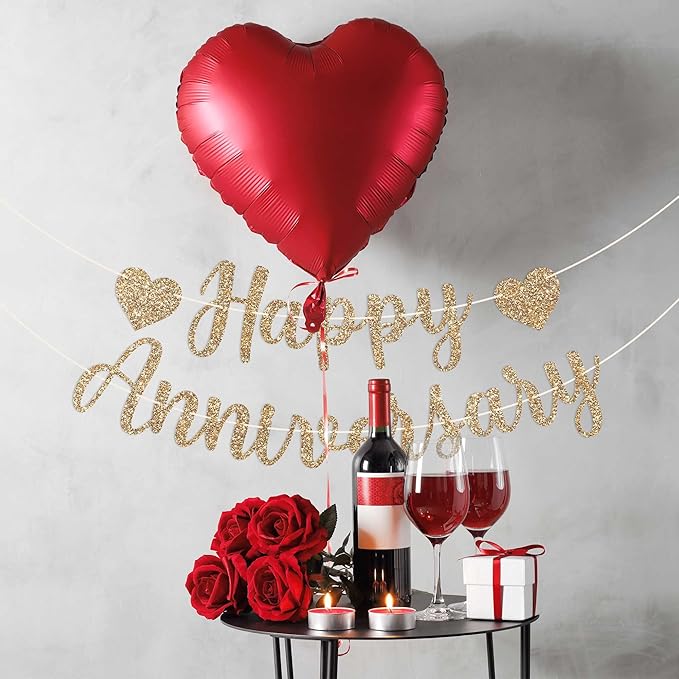Pre-Strung Happy Anniversary Banner - No DIY - Gold Glitter Wedding Anniversary Party Banner in Script - Pre-Strung Garland on 6 ft Strands - Wedding Decorations & Decor. Did We Mention No DIY