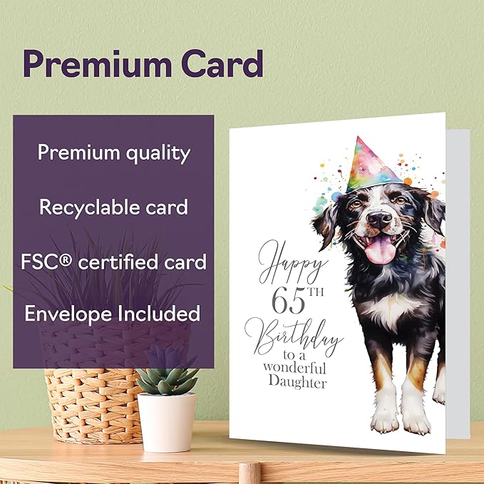 65th Birthday Cards for Daughter - Party Dog - Happy Birthday Card for 65 Year Old Daughter from Mom Dad, A5 Bday Woman Women Her Greeting Cards Gift for Daughter Birthday Gifts