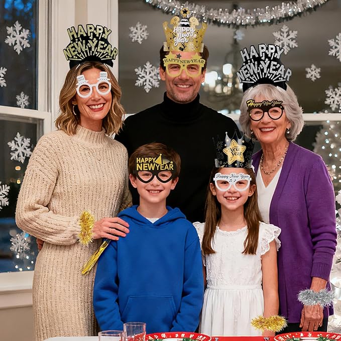 42 Pcs New Years Eve Party Supplies 2026, Includes Happy New Year Hats Paper Crowns,Headband Tiara,Paper Glasses,Wreath,Noise Makers for Happy New Year's Party Decorations 2026