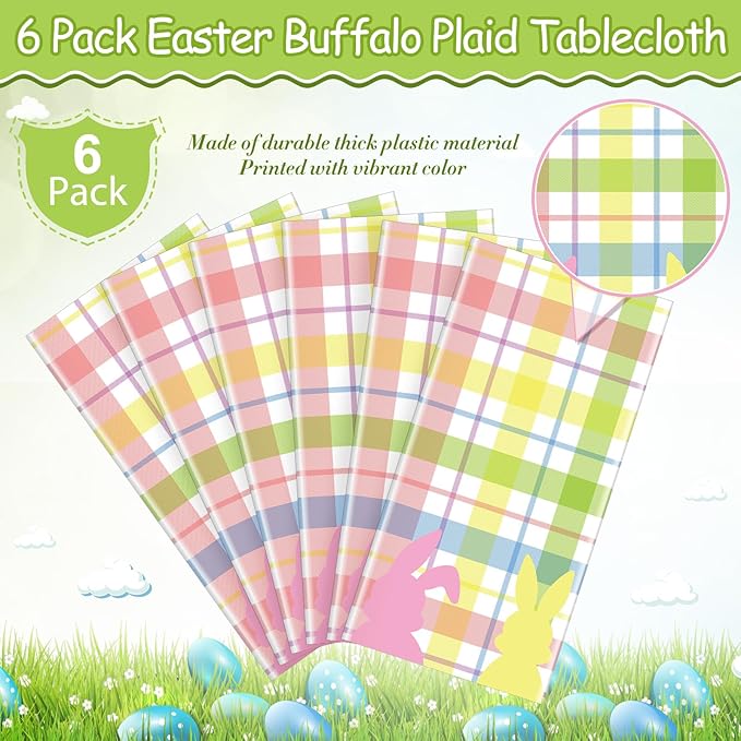6Pcs Spring Easter Buffalo Plaid Checkered Tablecloth Decorations,Plastic Bunny Watercolor Pink Blue Yellow Green Pastel Disposable Table Cover for Spring Birthday Easter Party Supplies,54 x 108 Inch