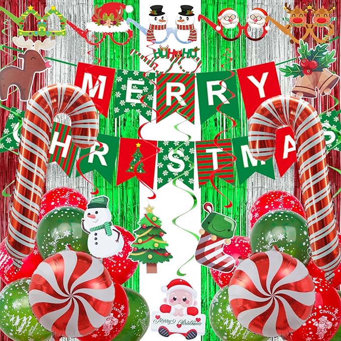 Christmas Decorations, Merry Christmas Decor Banner Hanging Swirls Candy Cane Balloons Tinsel Backdrop Glasses Frames for Indoor Outdoor Decorations
