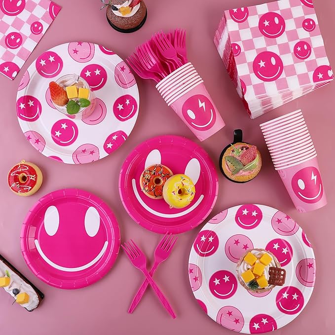 durony 144 Pieces Preppy Birthday Decorations Pink Smile Face Tableware Set Preppy Smile Plates Cups Napkin and Forks for Bachelorette Smiley Face Birthday Party Supplies