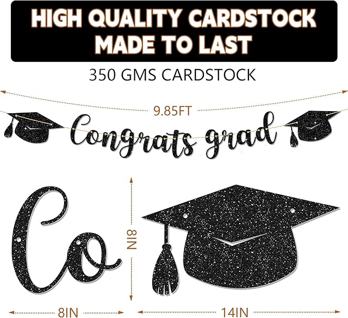 Congrats Grad Banner - 9 ft Black Pre-Strung Congrats Grad Banner, Graduation Party Decorations & Decor for Elementary, 5th Grade, 8th Grade, High School, College, Congrats Grad Sign