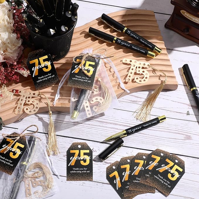 Spakon 25 Set 75th Birthday Party Favor for Guest Anniversary Party Favor Golden Birthday Bookmark Thanks for Coming Pen with Tag Appreciation Gifts for Women Men Wedding New Year