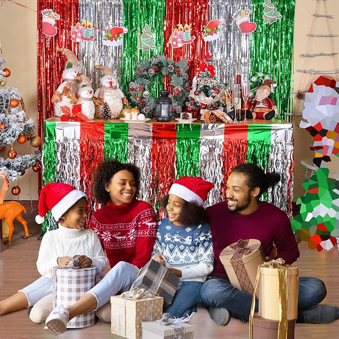 LOLStar Christmas Party Decorations, 4 Pack Red Silver and Green Wavy Metallic Tinsel Foil Fringe Table Skirt for Rectangle & Round Tables, Perfect Table Decorations for Christmas Ugly Sweater Party