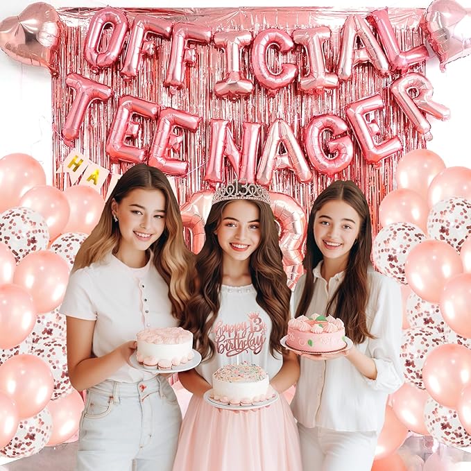 13th Birthday Decorations for Girls, Official Teenager Party Supplies Rose Gold Foil Balloons, Tiara Tassel Curtains Sash Balloons Numbers Banner Cake Topper for 13 Birthday Girl Decorations