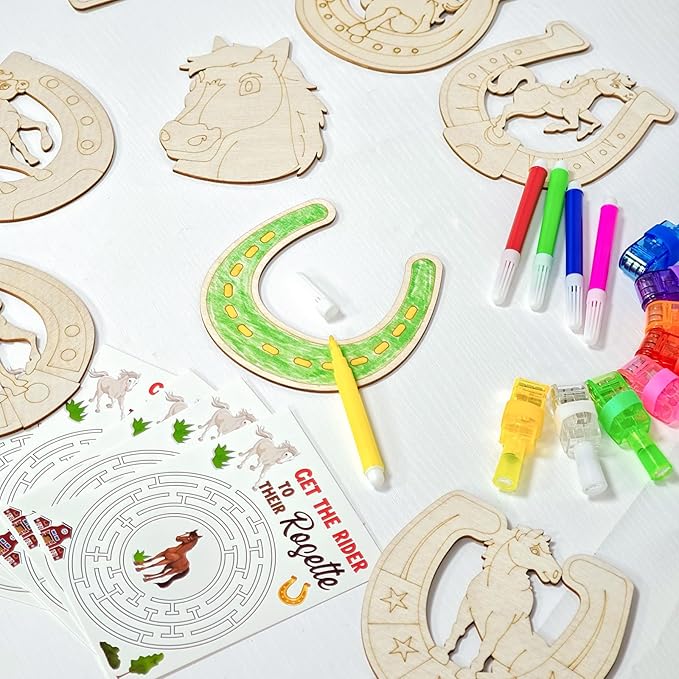 Cinrobiye 144 PCS Horse Party Favors DIY Horseshoes Wooden Craft Kit, Rodeo Horse Goodie Bag Fillers Pinata Fillers Prize Bulk for Barn Western Cowboy Birthday Party Supplies
